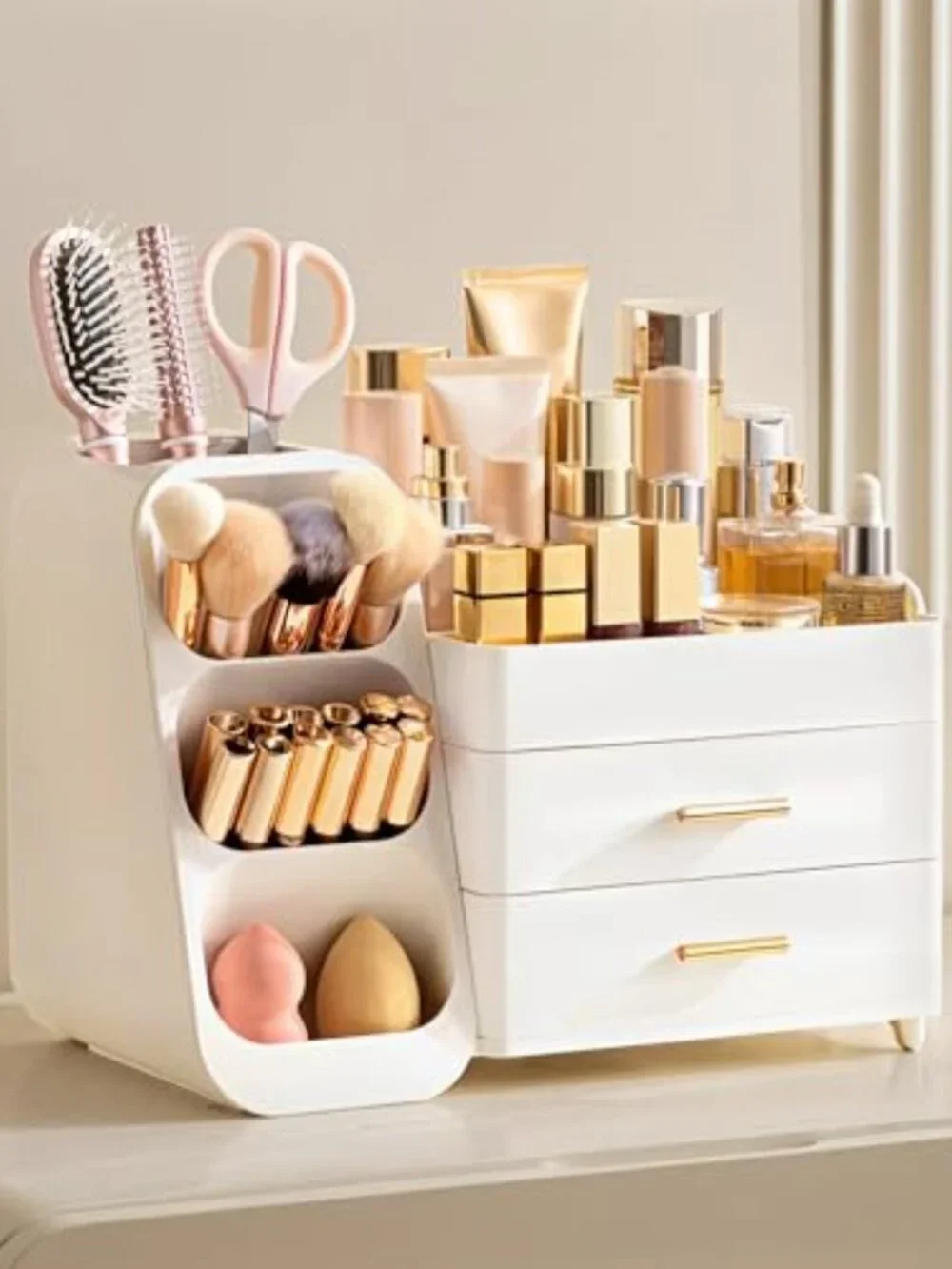 Makeup Organizer with Brush Holder for Vanity, Large Plastic